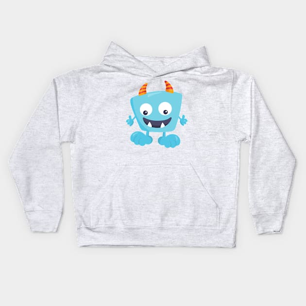 Cute Monster, Blue Monster, Funny Monster, Horns Kids Hoodie by Jelena Dunčević